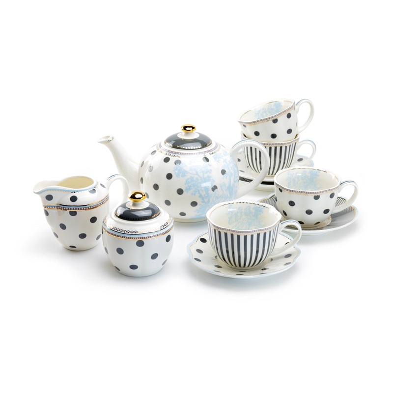 Dark Gray Stripes and Dots with Blue Toile Fine Porcelain Tea Set