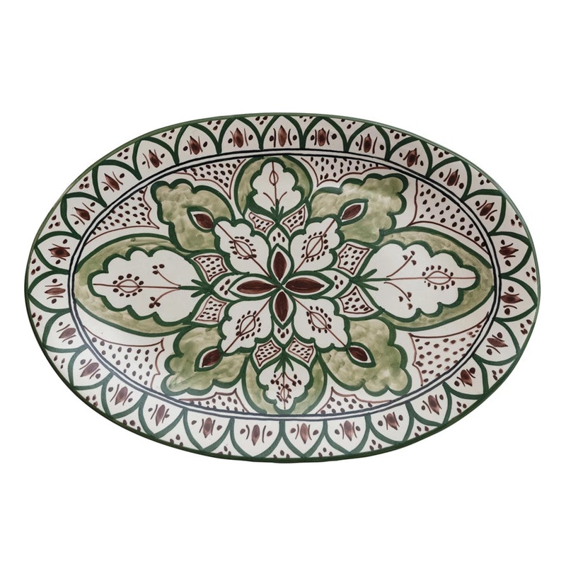 Hand-Painted Stoneware Platter Cream, Brown, & Green 16.5″L