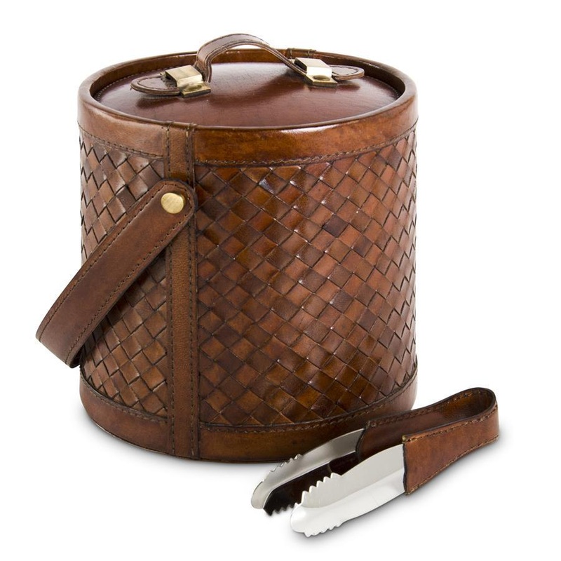 9″ Tan Leather Basket Weave Ice Bucket w/Tongs