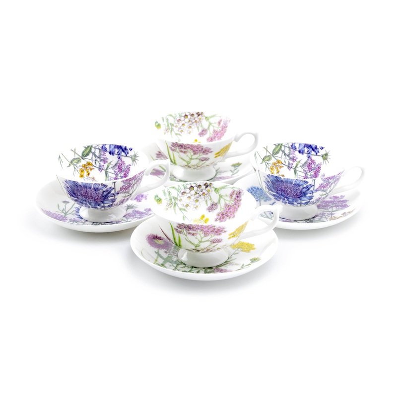 Flower Field Bone China Tea Cup and Saucer Set of 4