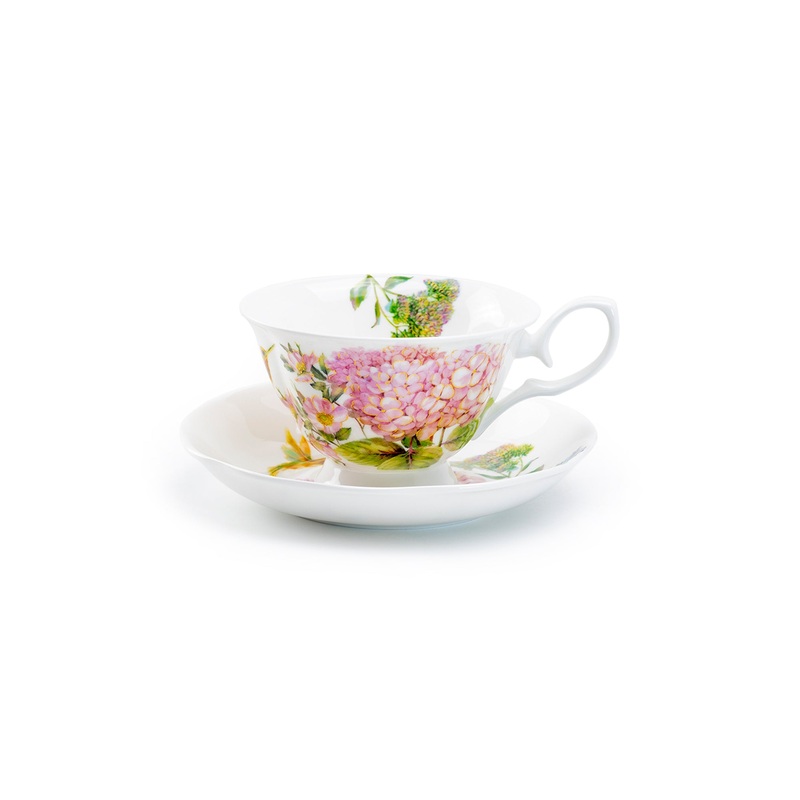 Hydrangea with Hummingbird Bone China Tea Cup and Saucer