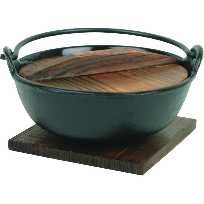 Cast Iron Japanese Noodle Bowl with Wooden Lid and Base – Japanese Style Traditional Cookware Serveware Nabemono Hot Pot Stockpot Wok Cooking Ideal for Restaurants Home