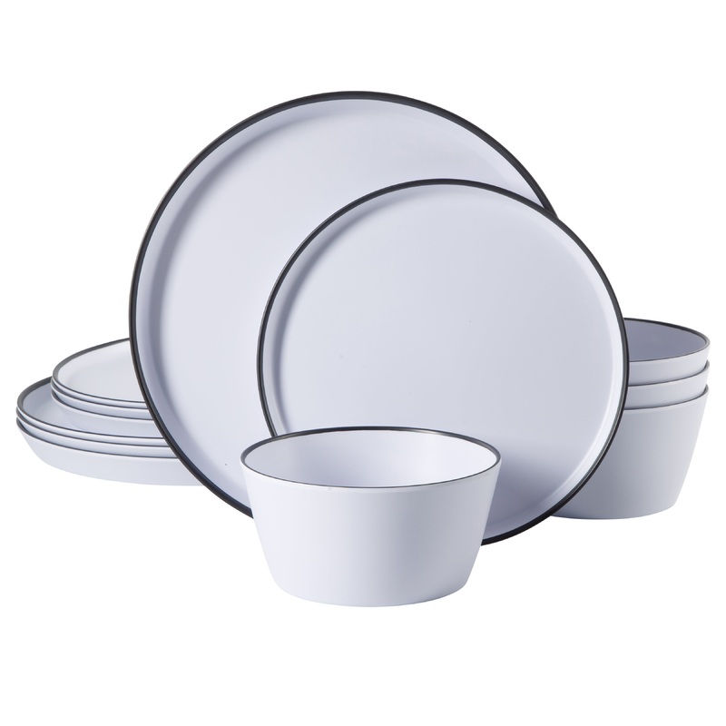 Gibson Home Folsom Shores 12 Piece Unbreakable Modern Melamine Plates and Bowls Dinnerware Set – Outdoor, Camping, & Everyday Use – White W/ Black Rim