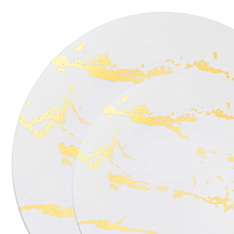 White with Gold Marble Stroke Round Disposable Plastic Dinnerware Value Set