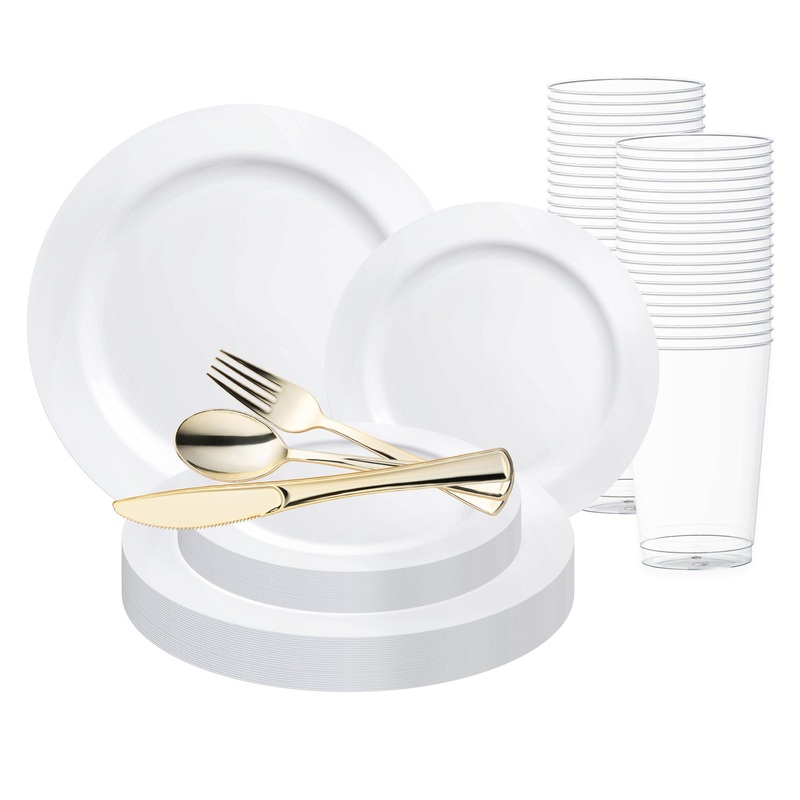 Solid White Economy Round Disposable Plastic Wedding Value Set