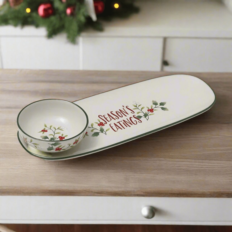 Winterberry Sentiments Serve Tray with Dip Bowl