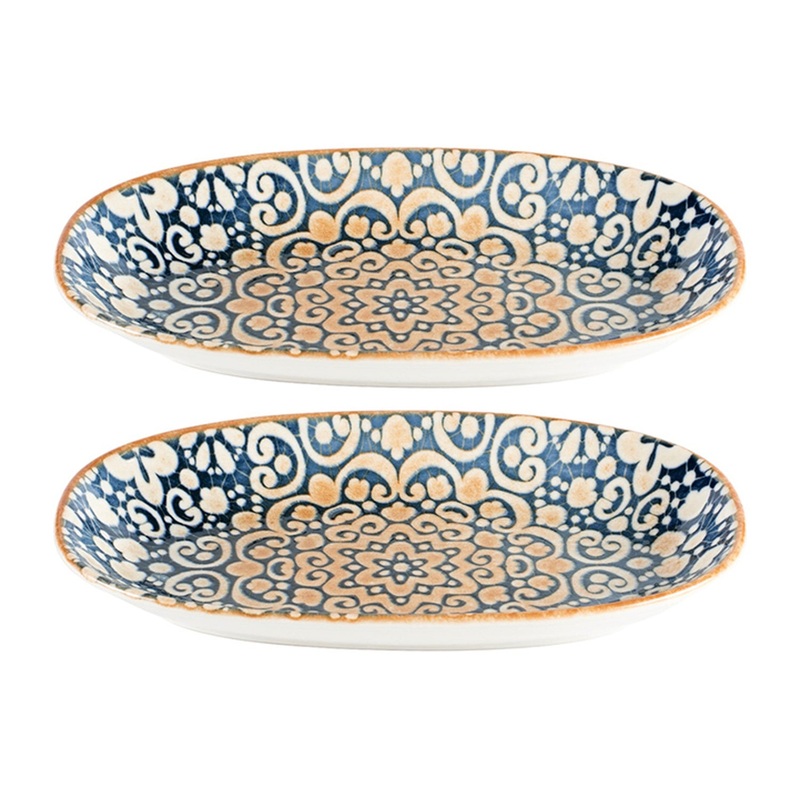 Alhambra 9.5″ x 5.5″ x h:1.25″ Oval Decorated Porcelain Platter (Set of 2)