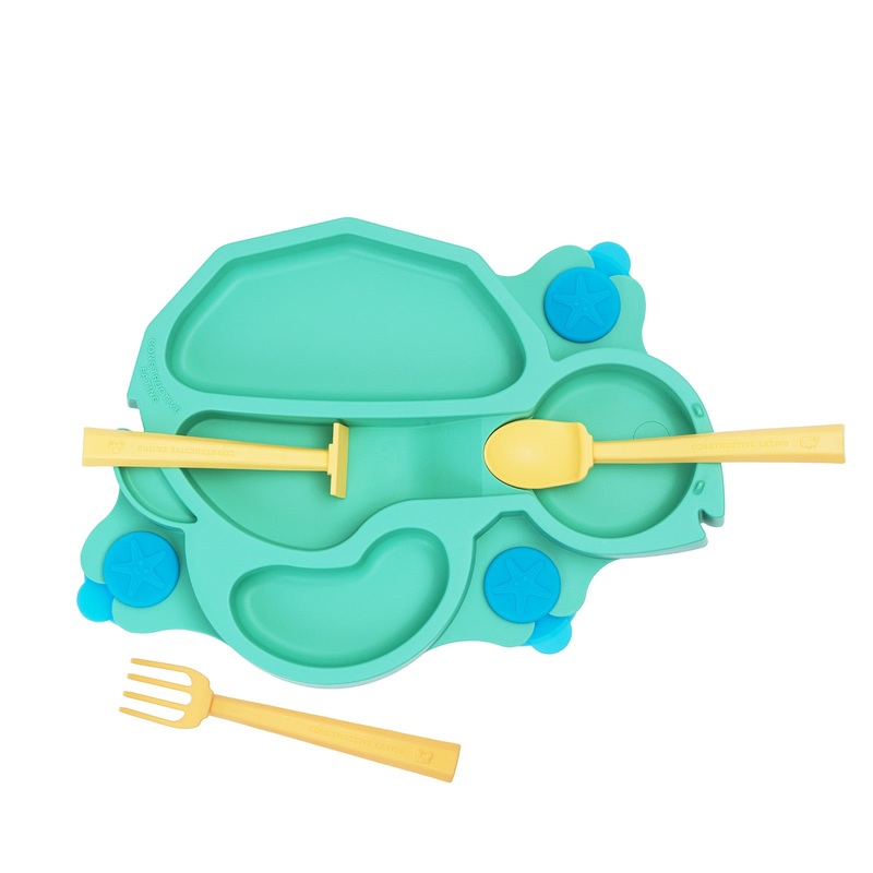 Constructive Eating Turtle Theme Divided Suction Training Plate and Utensils for Kids and Toddlers