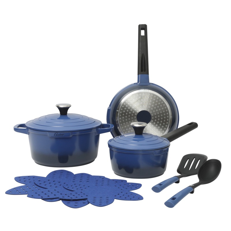 Oster Platinum Amberton 10 Piece Cast Aluminum Pots and Pans PFA Free Ceramic Non stick Cookware Set – Blue