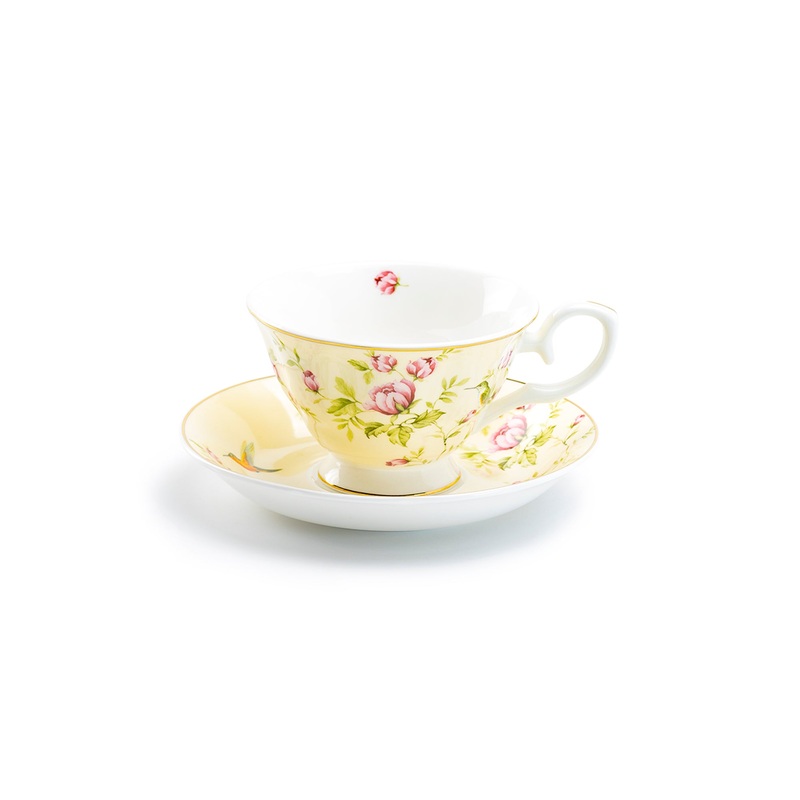 Rose Bud with Hummingbird Yellow Bone China Tea Cup and Saucer