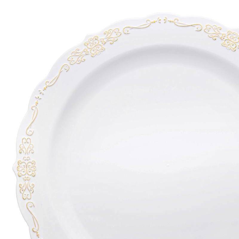 White with Gold Vintage Rim Round Disposable Plastic Appetizer/Salad Plates (7.5″)