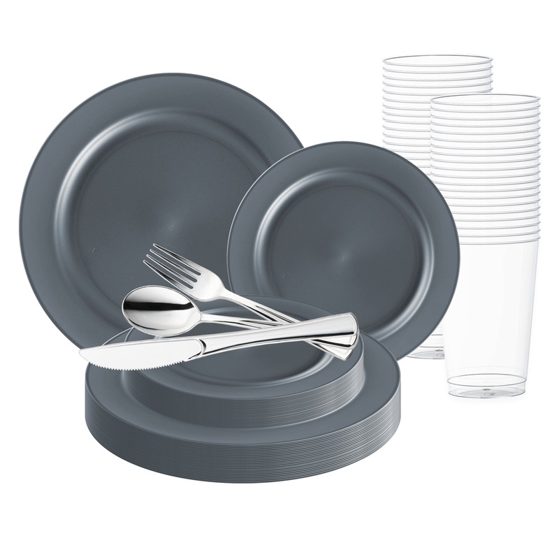 Matte Charcoal Gray Round Disposable Plastic Wedding Value Set
