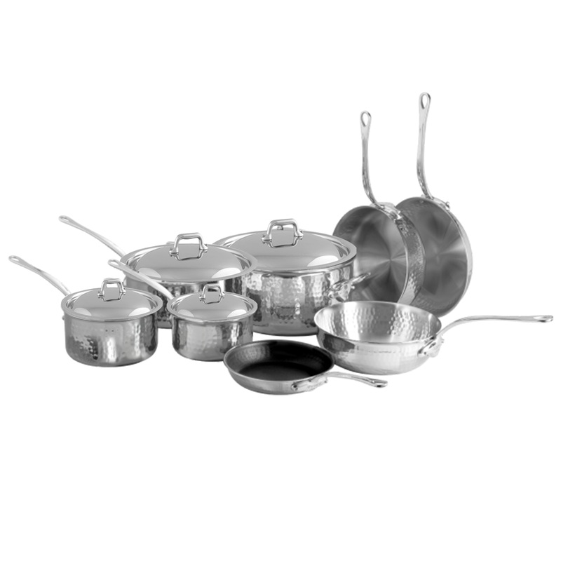 Mauviel M’ELITE Hammered 5-Ply 12-Piece Cookware Set With Cast Stainless Steel Handles And Curved Lid