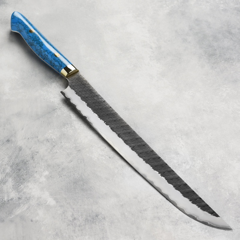 Nigara SG2 Kurouchi Tsuchime 11.8″ Sakimaru Sujihiki, Blue Turquoise