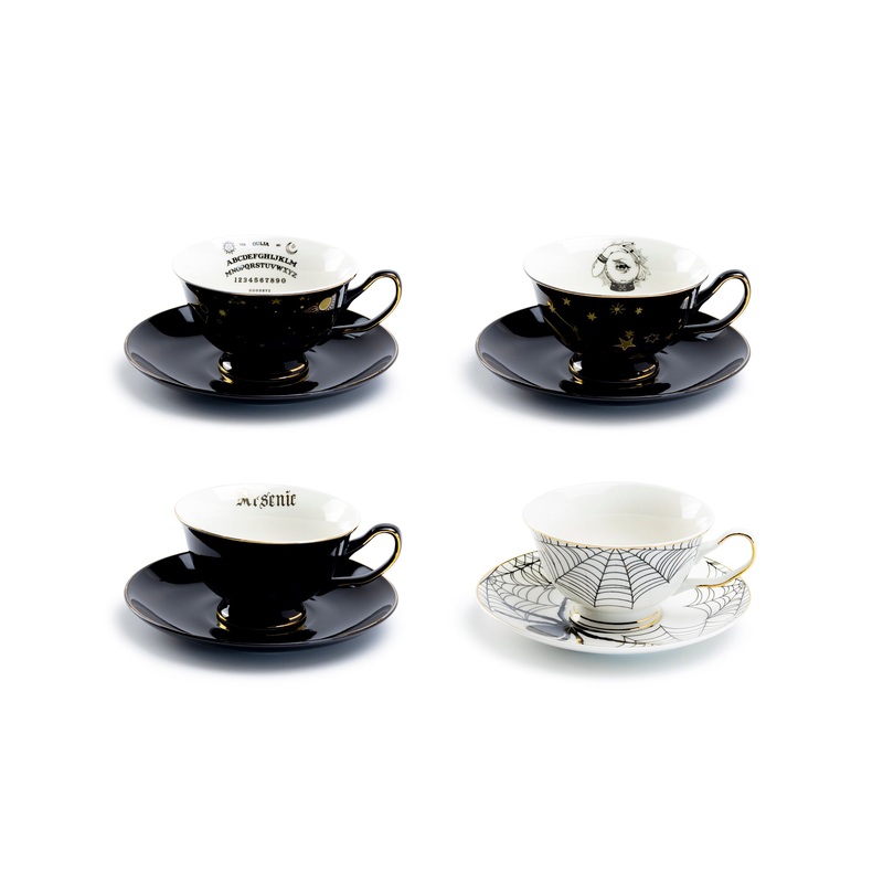 4 Assorted Halloween Tea Cup and Saucer Sets – Ouija, Crystal Ball, Skull, Spider