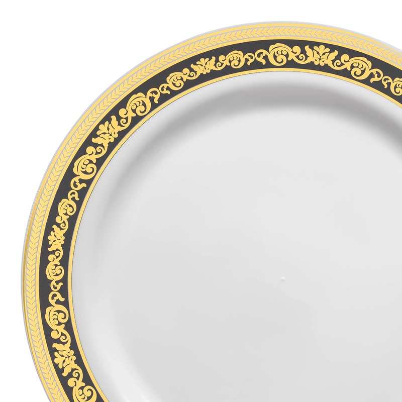 White with Black and Gold Royal Rim Plastic Dinner Plates (10.25″)