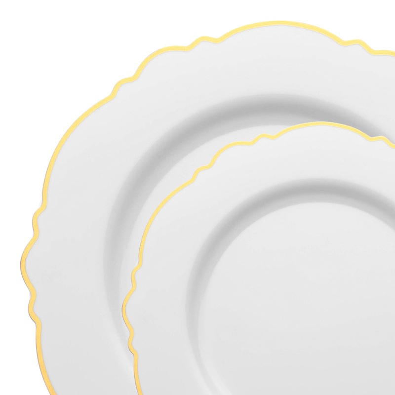 White with Gold Rim Round Blossom Disposable Plastic Dinnerware Value Set