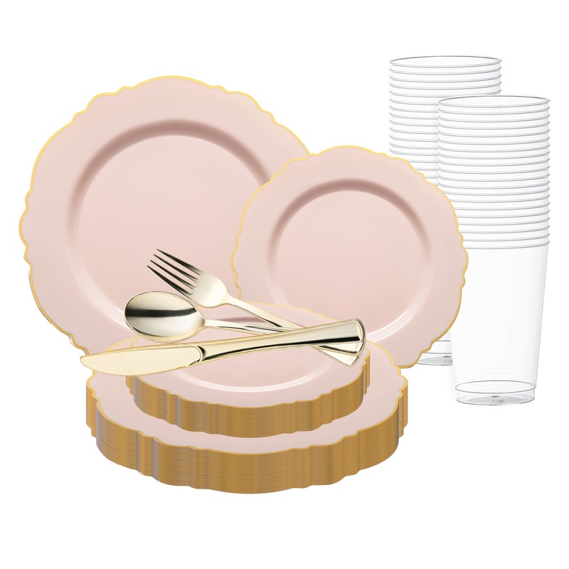 Pink with Gold Rim Round Blossom Disposable Plastic Wedding Value Set