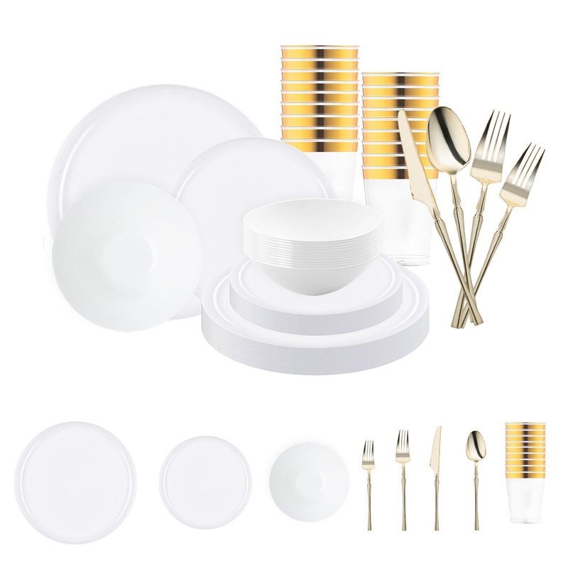 White Flat Round Disposable Plastic Tableware Set