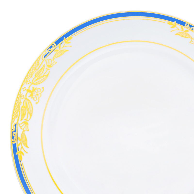 White with Blue and Gold Harmony Rim Plastic Appetizer/Salad Plates (7.5″)
