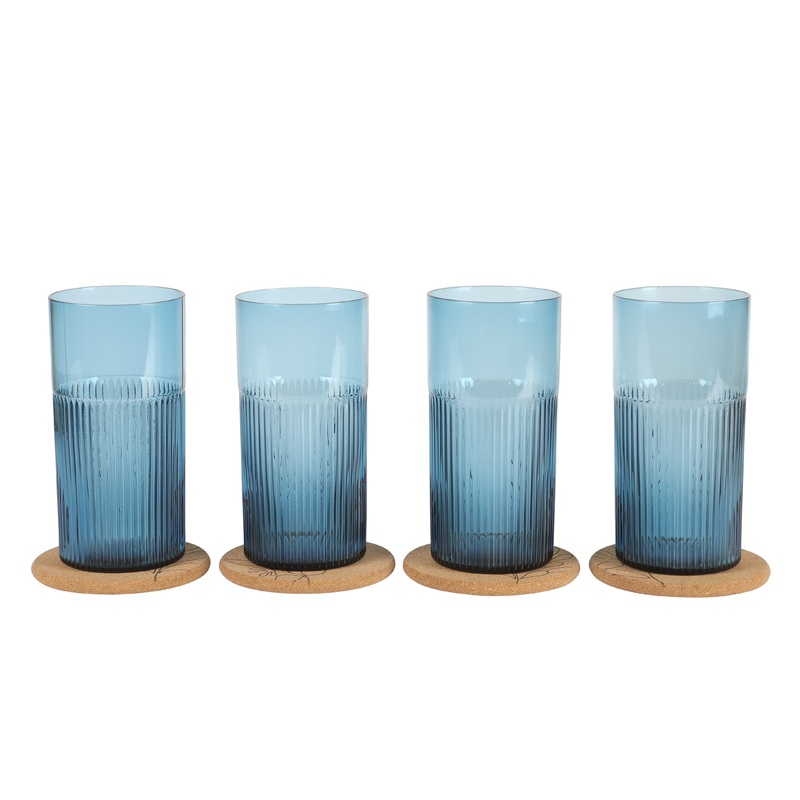 Bloomhouse Lyon Sky 8 Piece Hand Made 18 oz Colored Glass Tumbler Set w/ Coasters