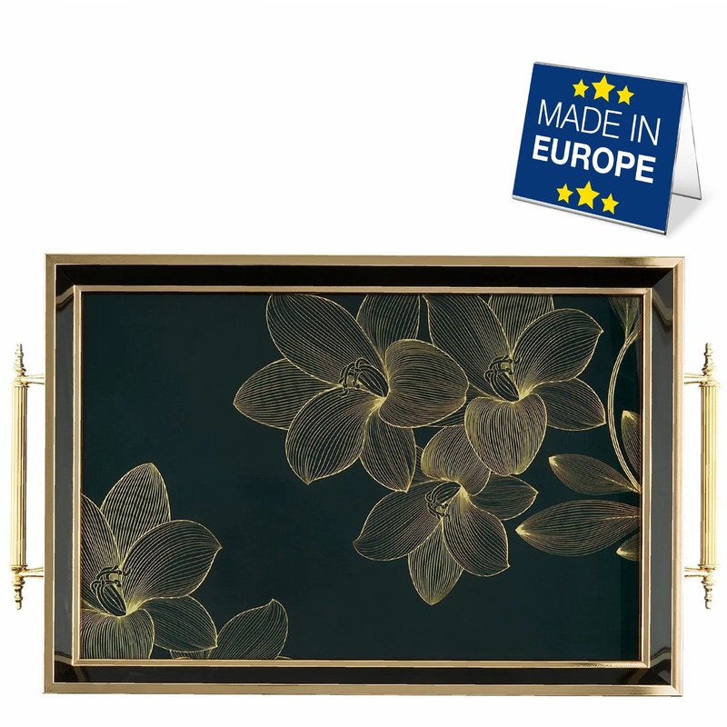 Hakan Rectangular Decorative Serving Tray 19×11.5-inch Black-Golden Flower with Glass Surface