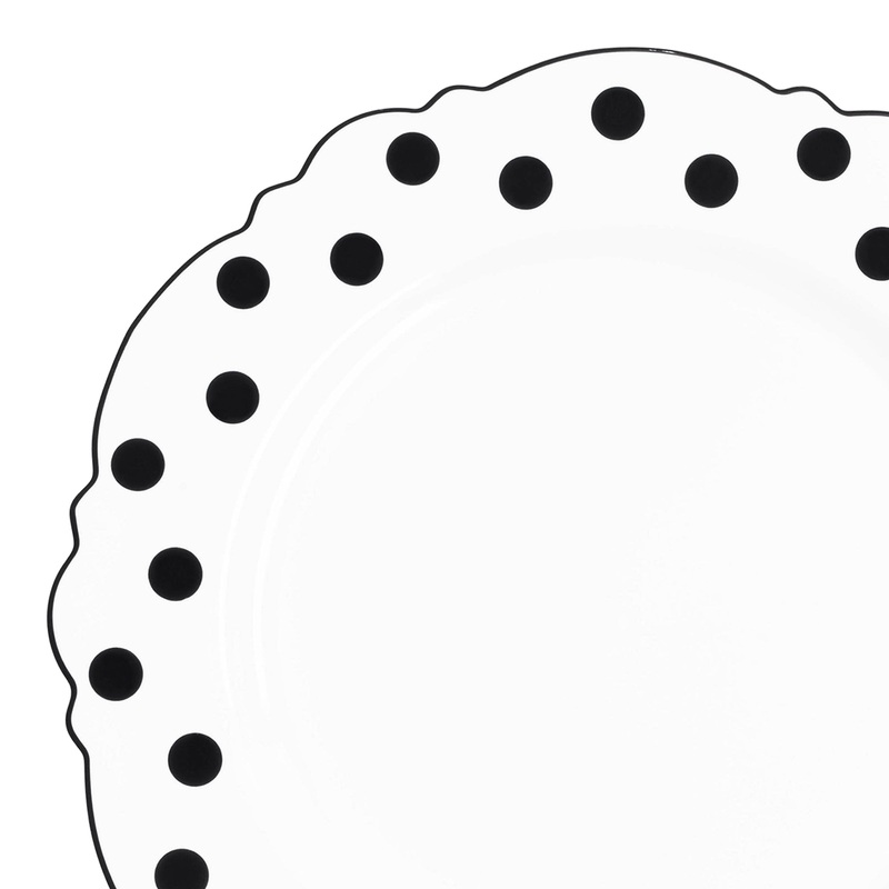 White with Black Dots Round Blossom Disposable Plastic Salad Plates (7.5″)