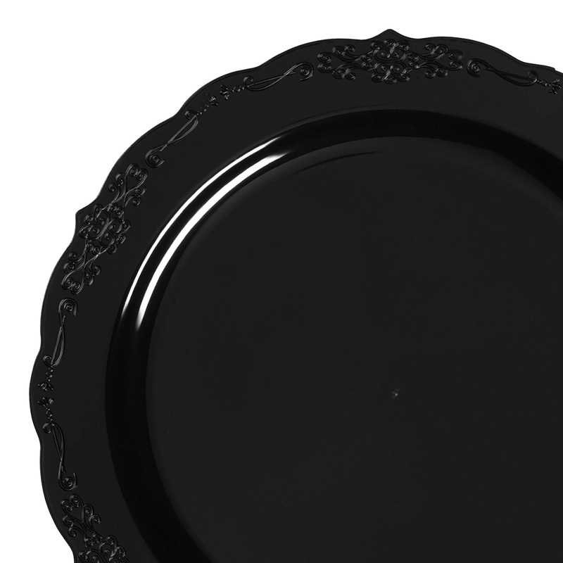 Black Vintage Rim Round Disposable Plastic Dinner Plates (10″)