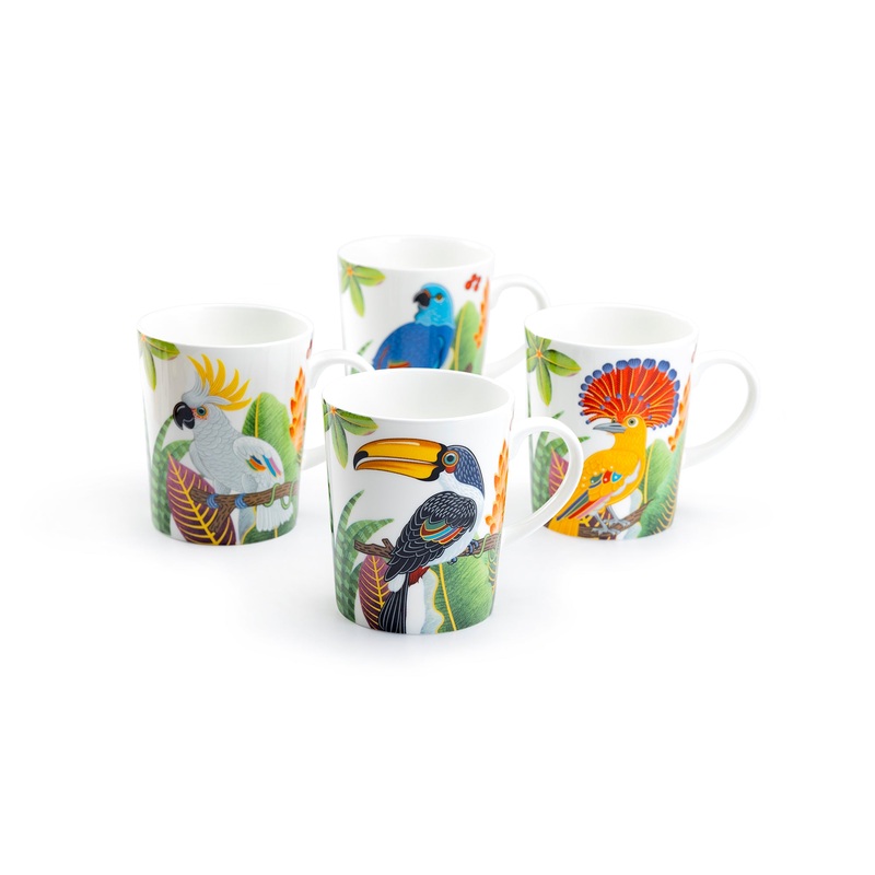 Tropical Birds Assorted Bone China Mug Set of 4