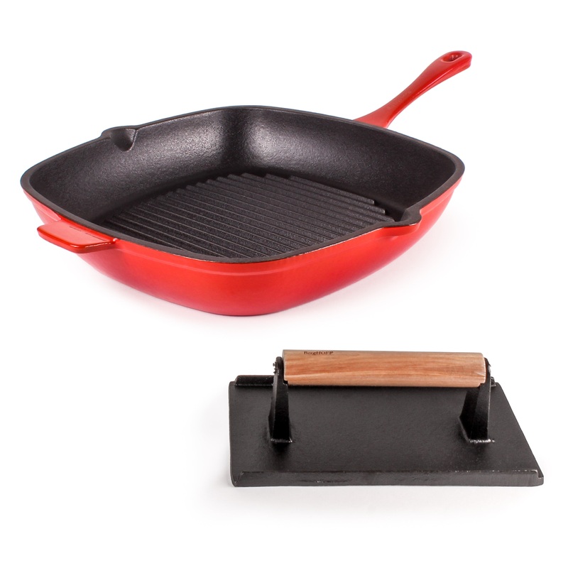 BergHOFF Neo 2pc Cast Iron 11″ Grill Pan with Steak Press, Red