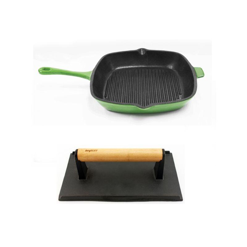 BergHOFF Neo 2pc Cast Iron 11″ Grill Pan with Steak Press, Green