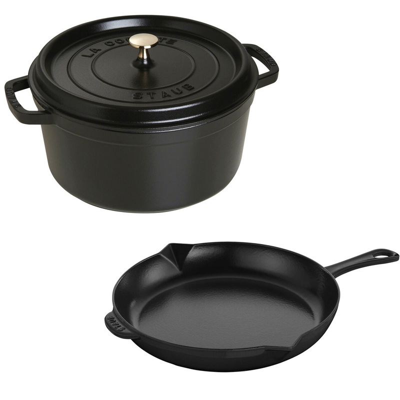 Staub Cast Iron 3-Piece Matte Black Cocotte and Fry Pan Set