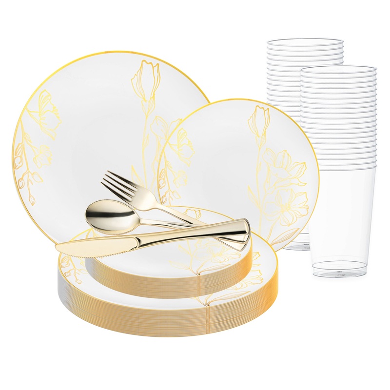 White with Gold Antique Floral Round Disposable Plastic Wedding Value Set