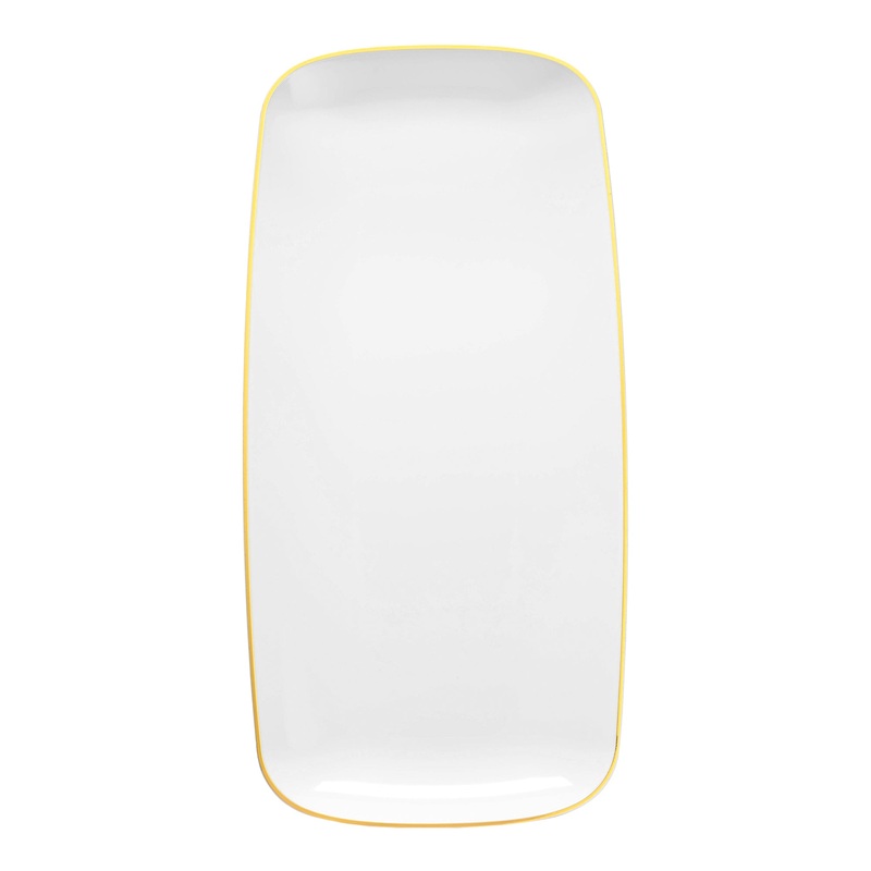 White with Gold Rim Flat Raised Edge Rectangular Disposable Plastic Plates (10.6″ x 5″)
