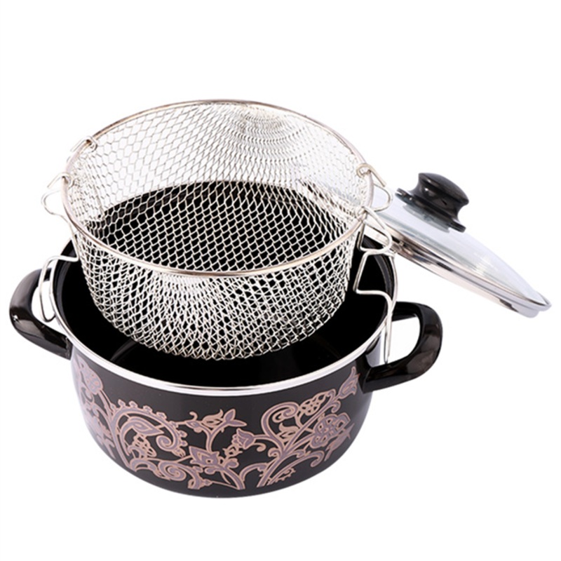 Menzir Begonya Enamel Deep Fryer Pot with Basket, 3 Pcs