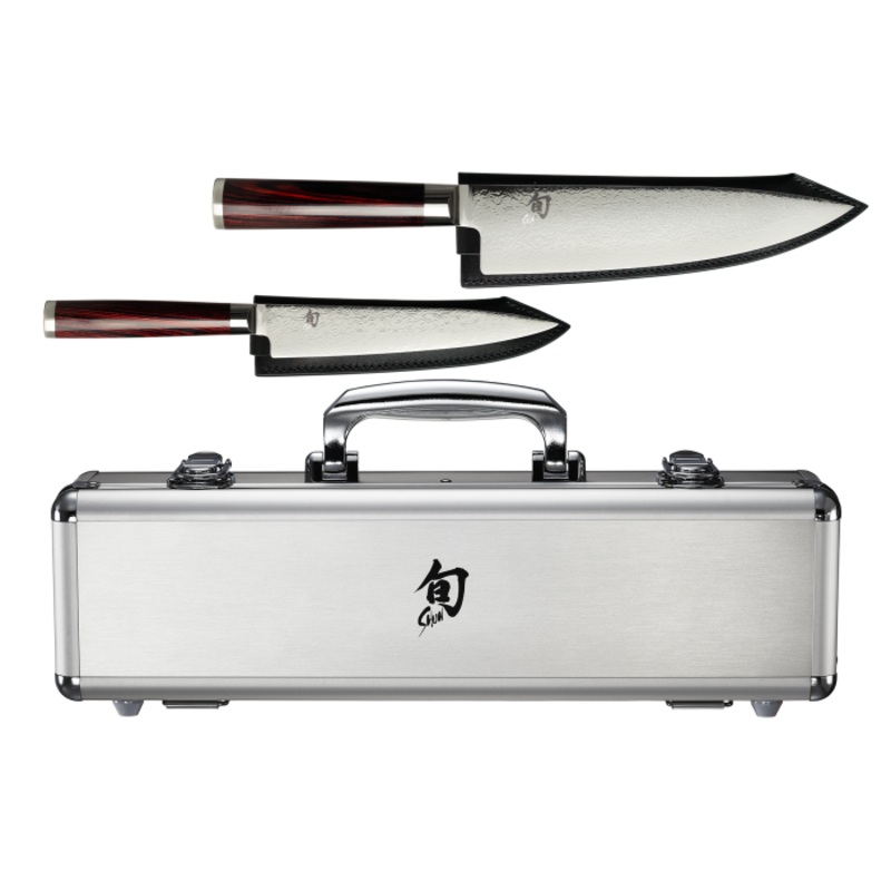 Shun Kohen Anniversary 2 Pc. Set: Utility 6″ w/Leather Sheath, Chef’s 8″ w/Leather Sheath, Foam-lined Metal Case w/Handle