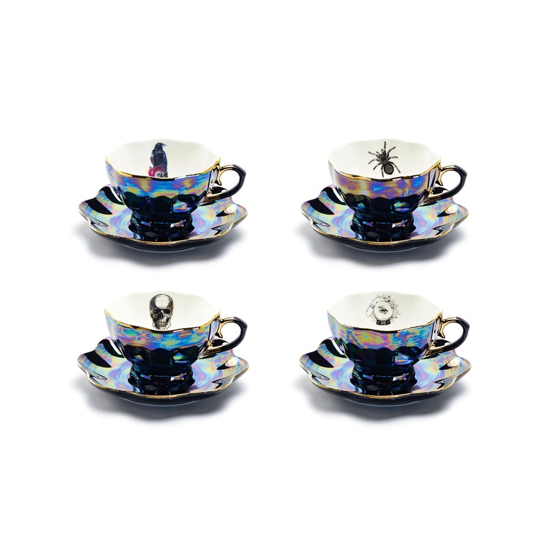 4 Assorted Halloween Black Gold Luster Tea Cup and Saucer Sets – Crow, Spider, Skull, Witchy Crystal Ball