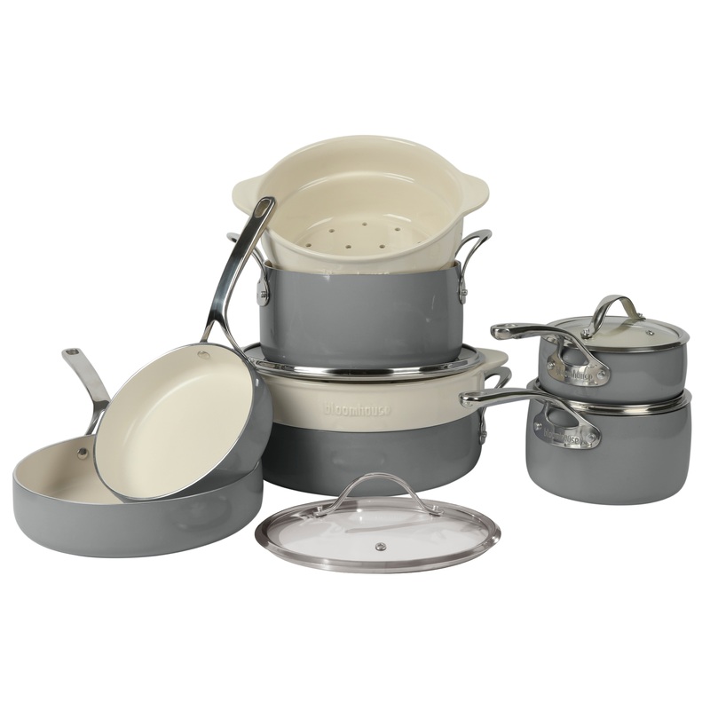 Bloomhouse 12 Piece Aluminum Enamel Cookware Set w/ Non-stick Non-toxic Ceramic Interior and Ceramic Steamer Insert – Stone Grey