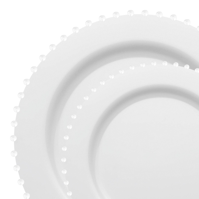 White Pearl String Round Disposable Plastic Dinnerware Value Set