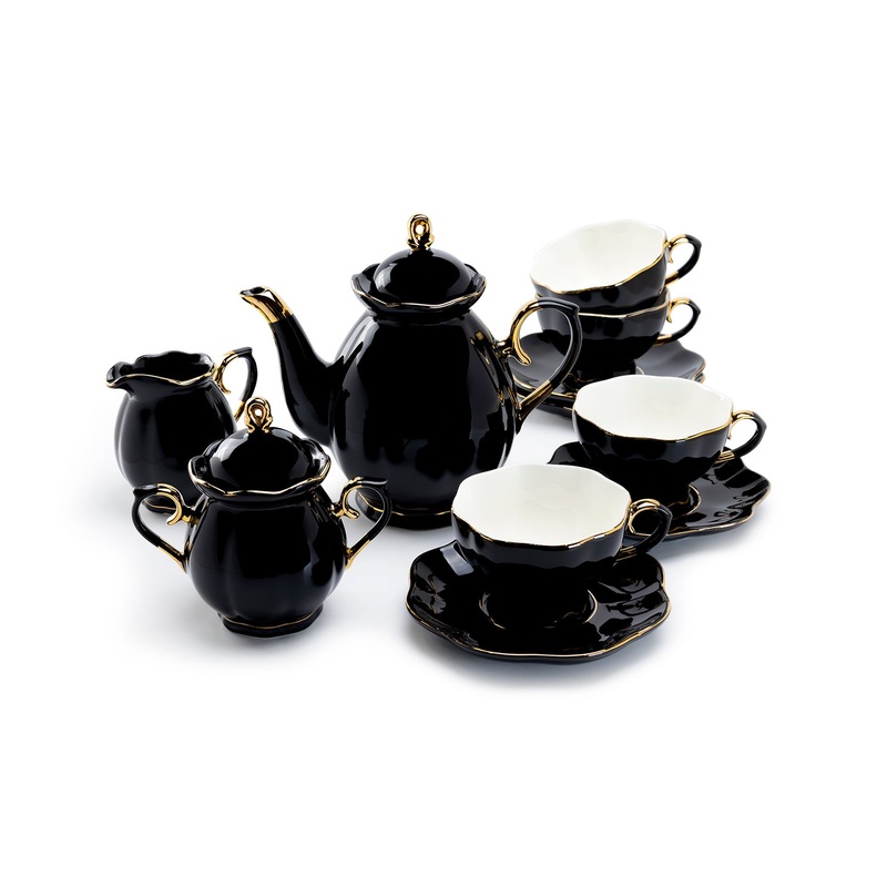 Black Gold Scallop Fine Porcelain 11-Piece Tea Set