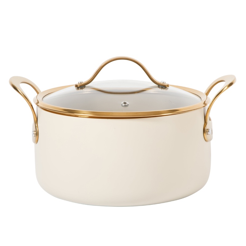 Bloomhouse 6 Quart Heavy Duty Aluminum Premium PFA Free Ceramic Nonstick Dutch Oven Pot with Lid – Linen White with Gold Handle