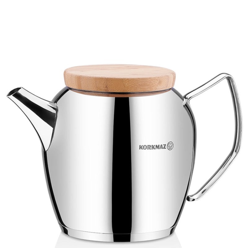 Korkmaz Montana Stainless Steel Turkish Teapot, Wooden Lid