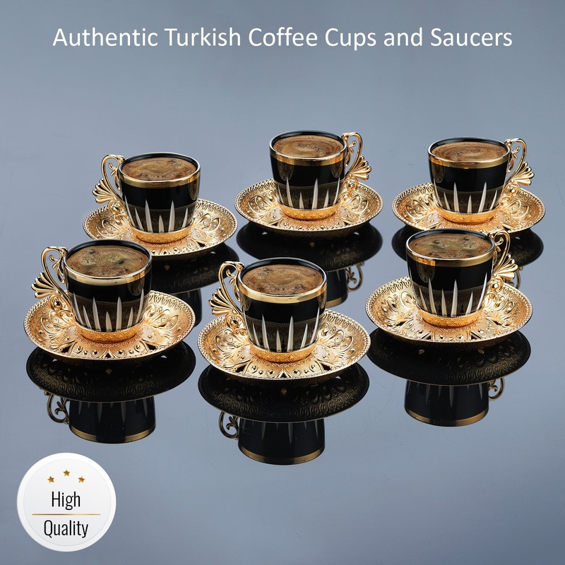 Turkish Coffee Cups Set with Saucers and Cup Holders, 2.5 Oz