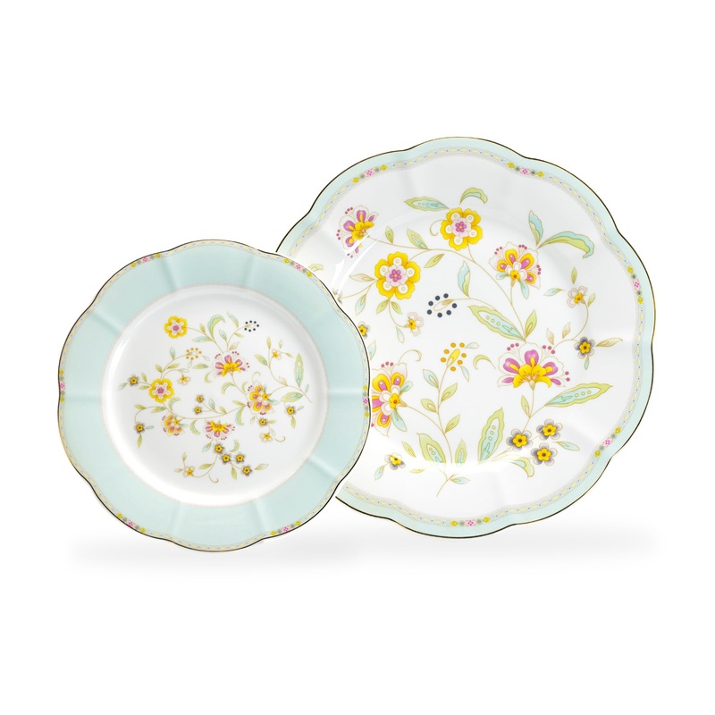 Yellow Corn Flowers with Mint Rim Fine Porcelain Dessert/Dinner Plate
