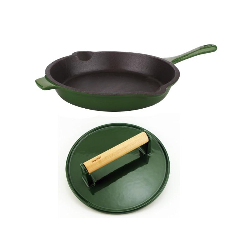 BergHOFF Neo 2pc Cast Iron 10″ Fry Pan with Steak Press, Green