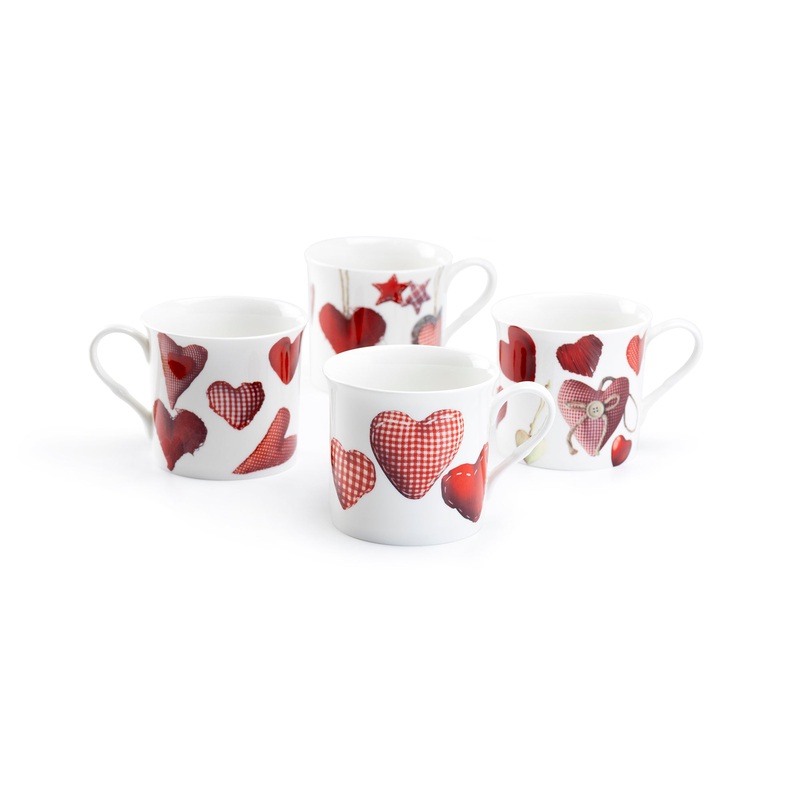 Red Hearts Bone China Mug Set of 4