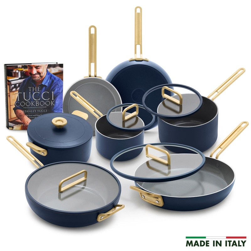 Stanley Tucci Ceramic Nonstick 11-Piece Cookware Set with the Tucci Cookbook | Marino Blue