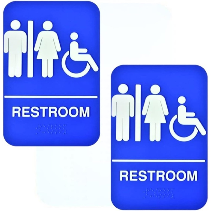 6″ x 9″ Restroom/Accessible Sign with Braille Easy Peel Self-Adhesive White on Blue Color Set of 2- Waterproof Self Adhesive Store Signs Indoor/Outdoor Warning Marker Home Business Use