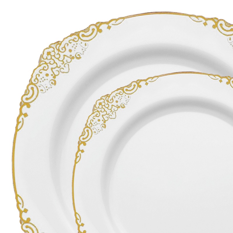 White with Gold Fancy Round Disposable Plastic Dinnerware Value Set