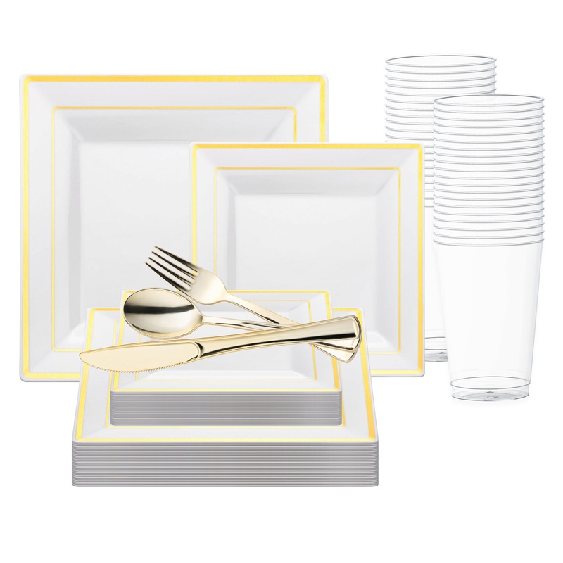White with Gold Square Edge Rim Plastic Wedding Value Set